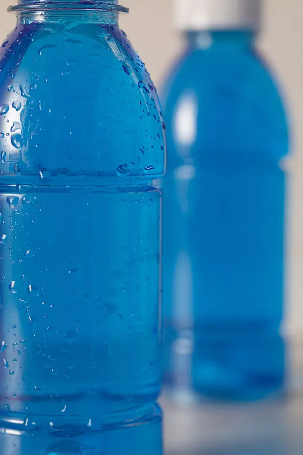Blue beverages in PET bottles