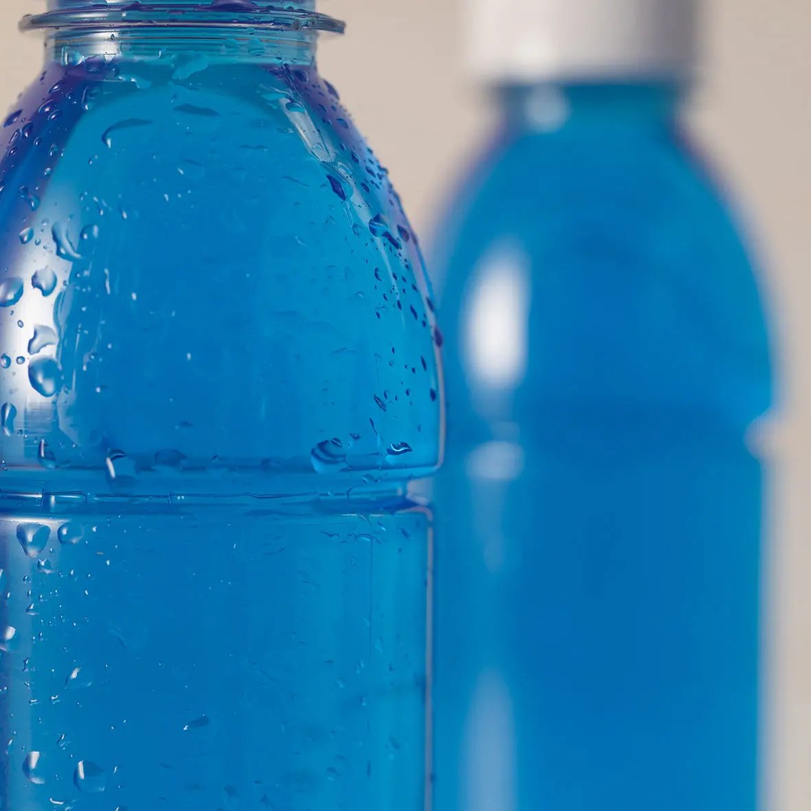 Blue beverages in PET bottles
