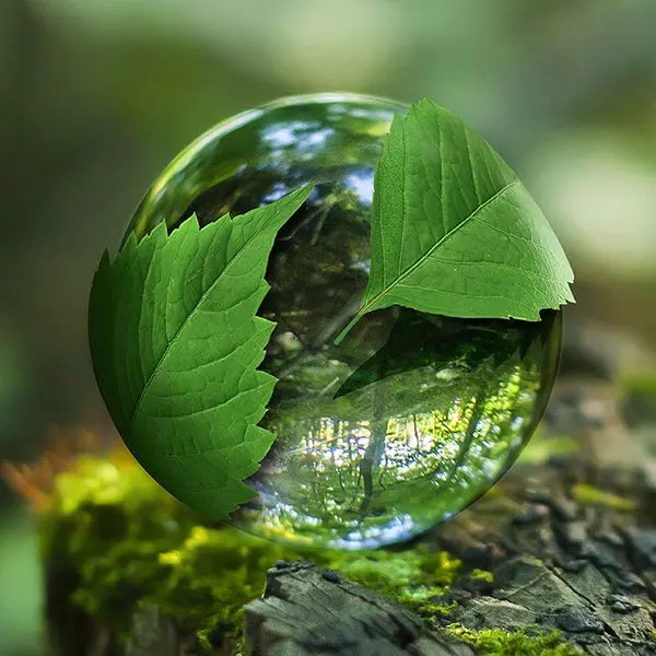 A transparent glass sphere rests on a textured wooden surface, adorned with two vibrant green leaves. The sphere reflects a blurred, natural background, creating an eco-friendly atmosphere.