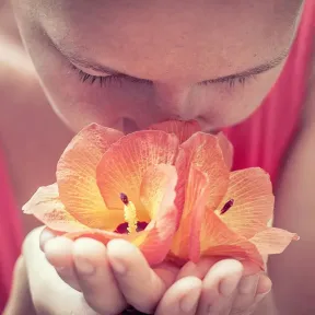 A person leans forward, inhaling the scent of two vibrant orange flowers held in their hands. The soft pink attire contrasts with the floral hues, creating a serene atmosphere.